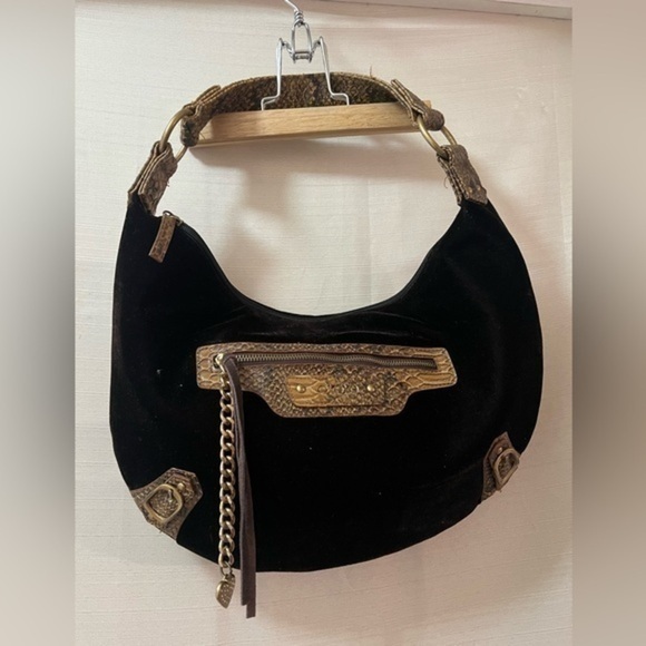 ⚫️ BOGO Oxox brown snakeskin velvet hobo bag with locket accent shoulder bag - Picture 1 of 7